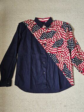 Vintage Roper Red White Blue American Flag Button Front Shirt 11/12 Made in USA